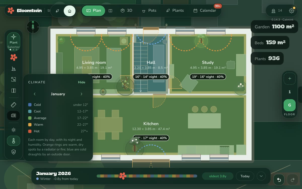 The plan of a house, coloured from cold to warm