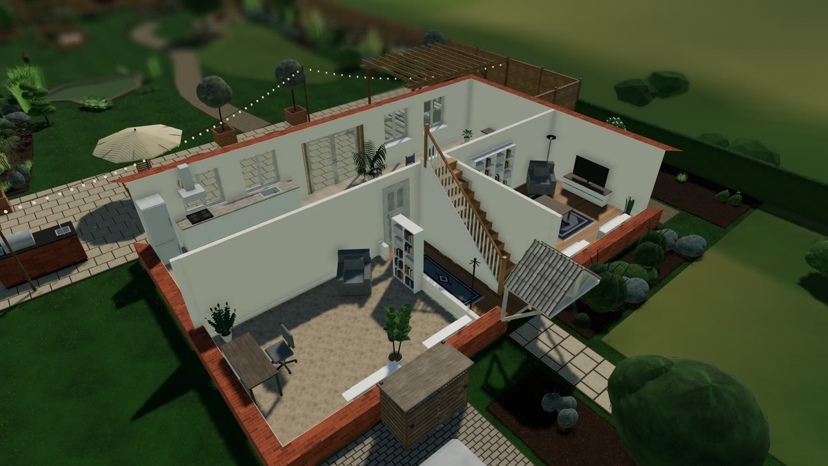 The ground floor in 3D, furnished, with the walls cut away