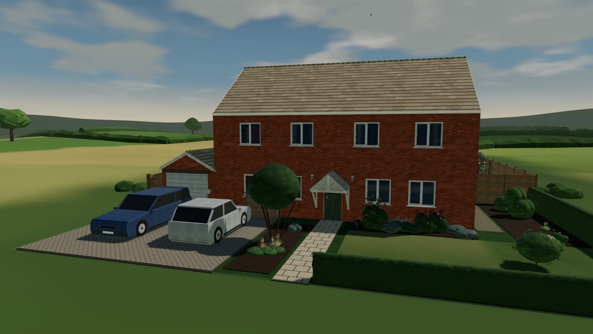 The house from the street, two cars on the drive